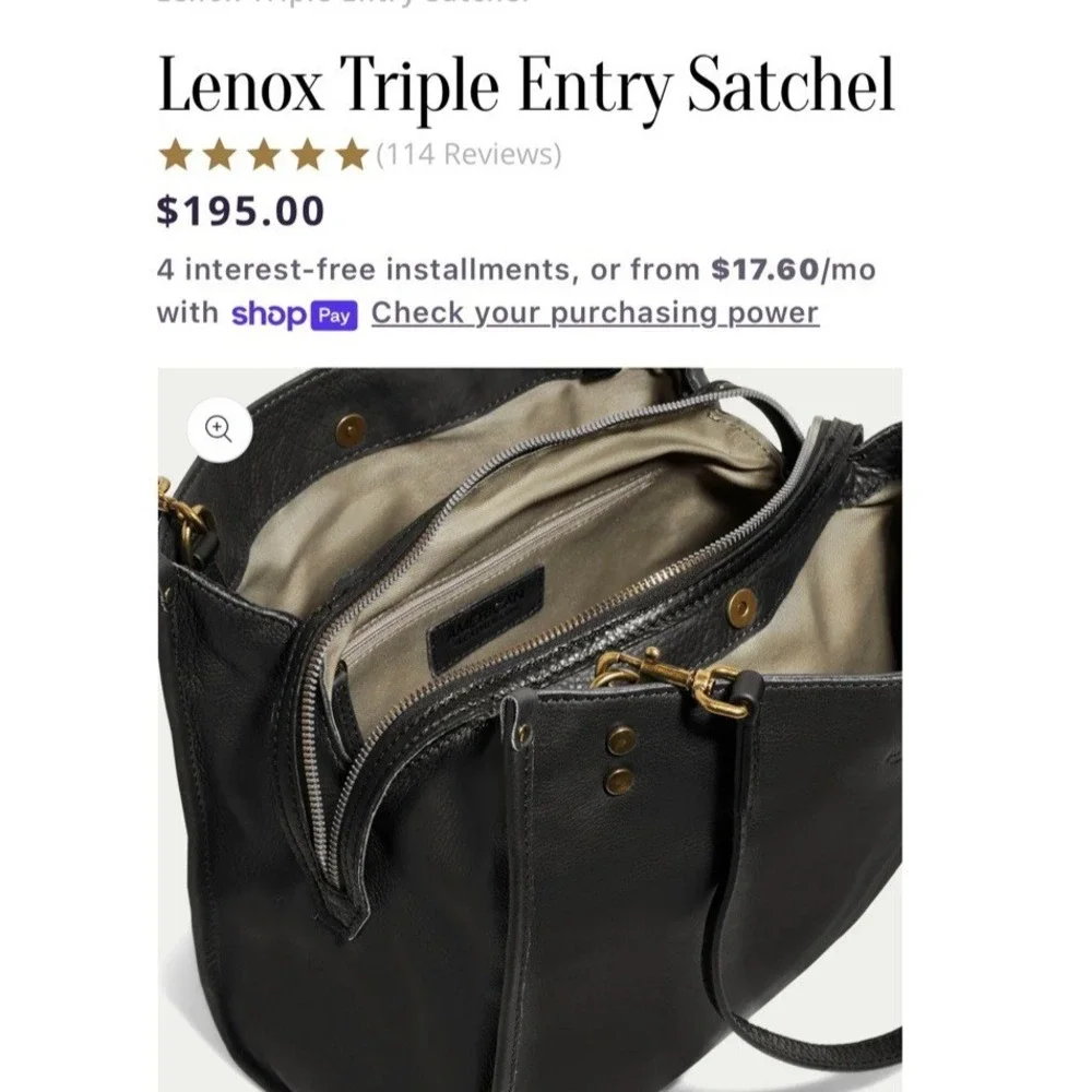 American‎ Leather Company Lenox Triple Entry Black Leather Satchel Handbag